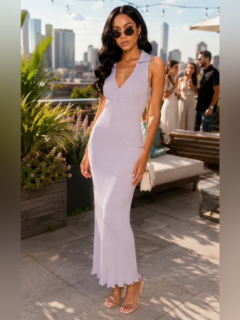 Pink Rose Sleeveless Ribbed Midi Dress in Lavender